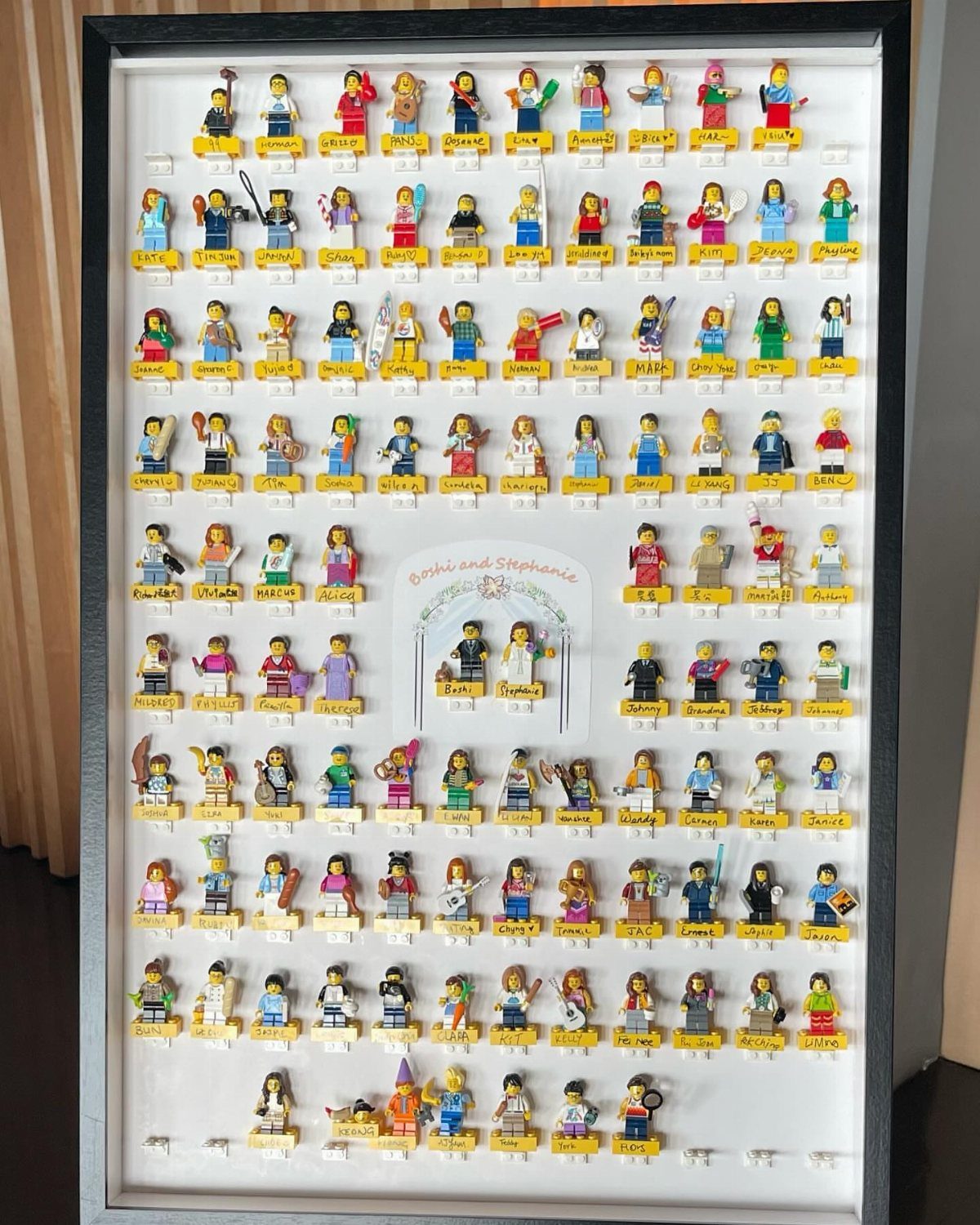 Lego minifigures with name tags arranged in a framed shadow box guest book.