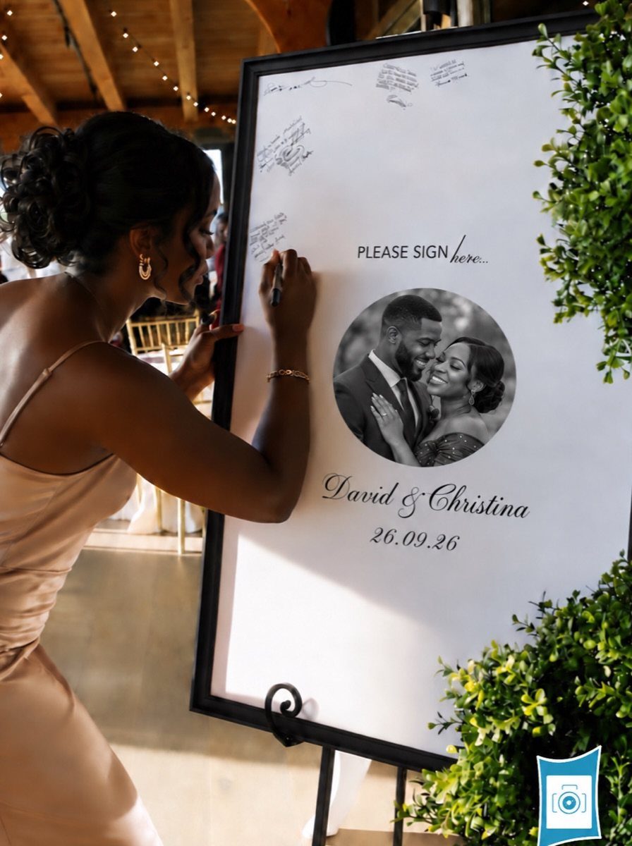 Woman signing a large white photo frame mat featuring a couple's portrait.