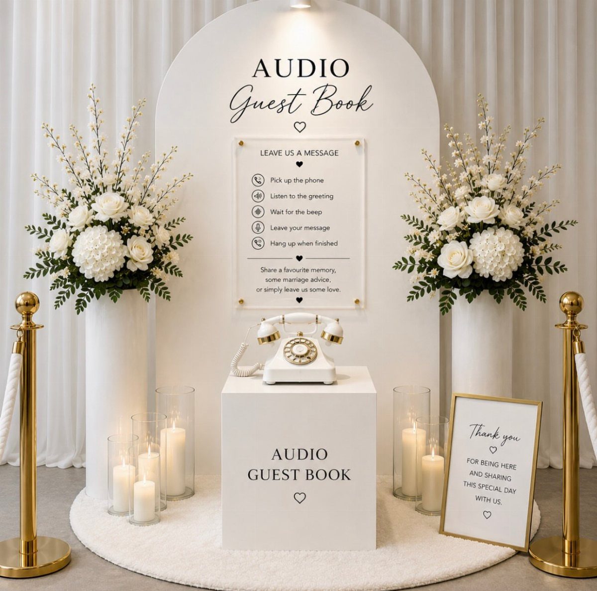 White audio guest book station with vintage rotary phone, floral arrangements, and instructional sign.