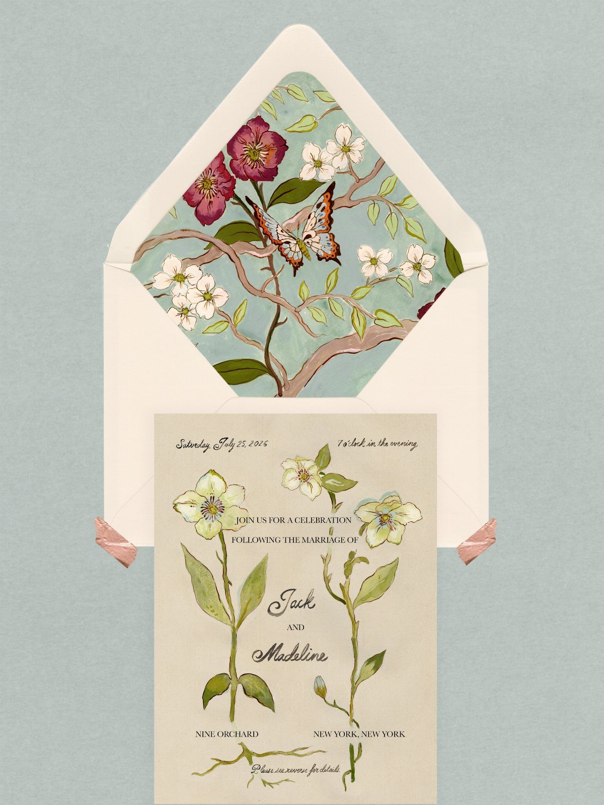 Hand painted wedding invitation with yellow flowers and a floral envelope liner.