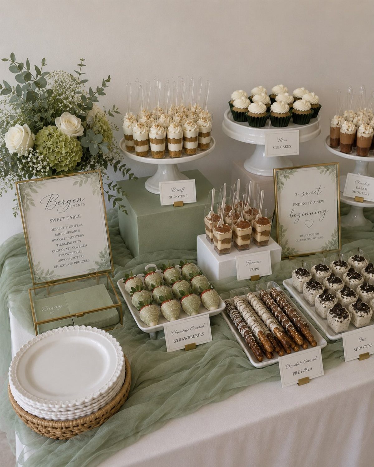 Dessert table with cupcakes, parfaits, and strawberries on a green tulle runner.