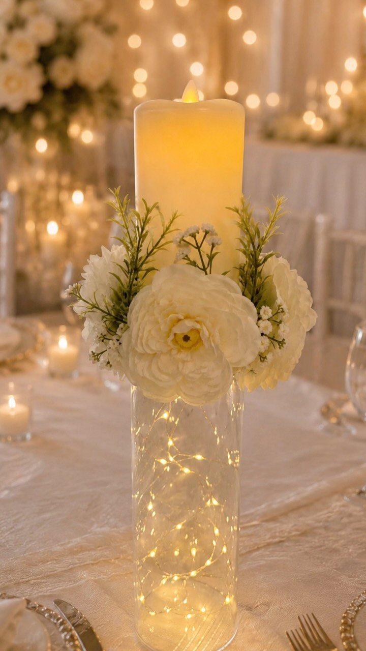 Glass cylinder vase with fairy lights, white flowers, and a glowing pillar candle.