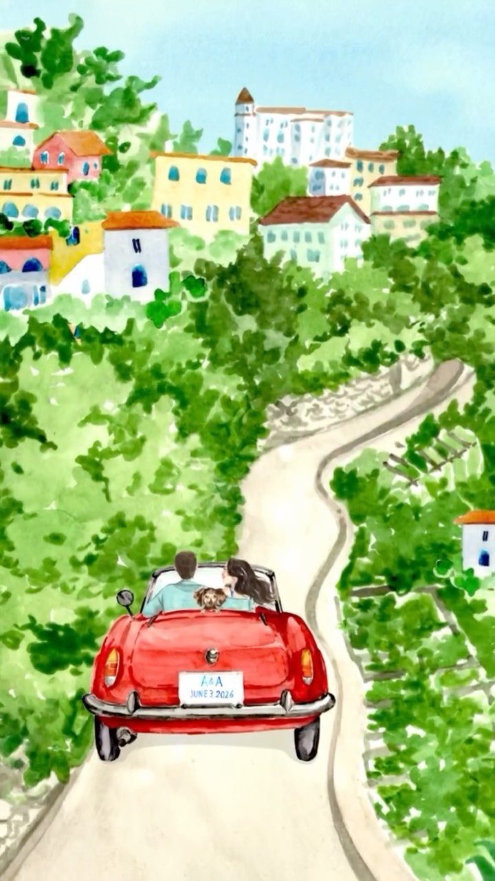 Couple in a red convertible driving toward a colorful hillside village watercolor illustration