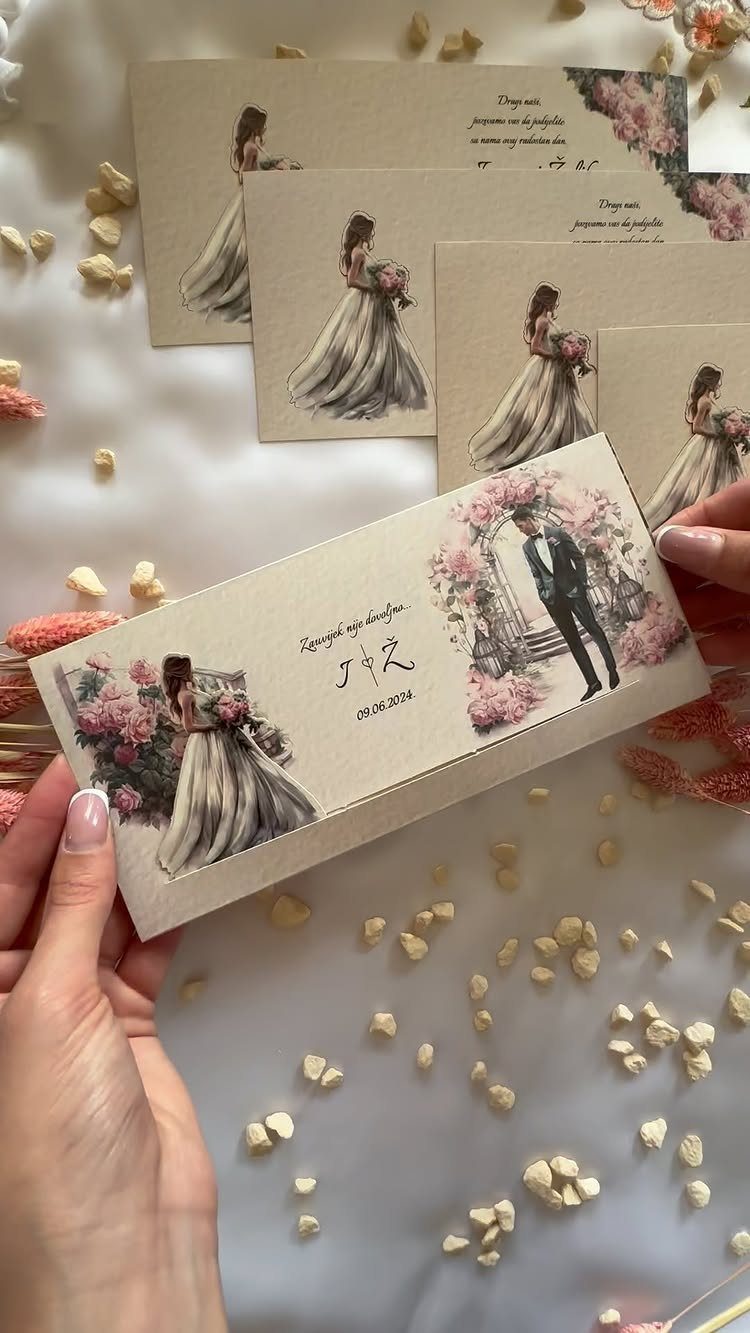 Illustrated save the date cards featuring personalized portraits of a bride and groom.