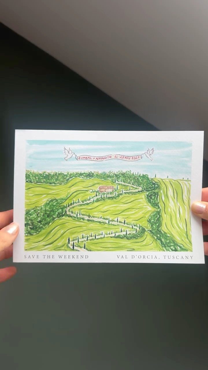 Illustrated save the date card showing a green Tuscan landscape with cypress trees.
