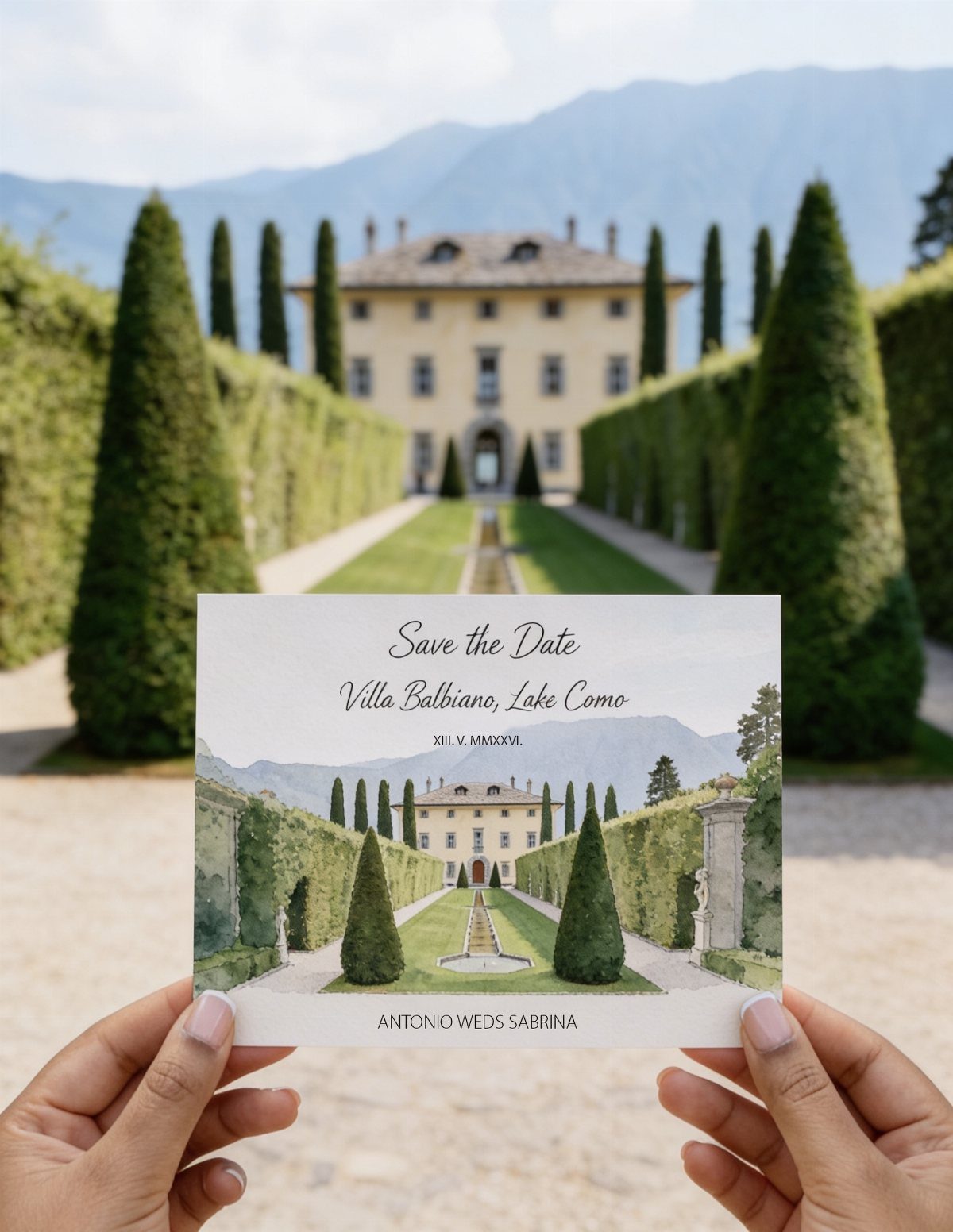 Illustrated save the date card held in front of a blurred Italian villa