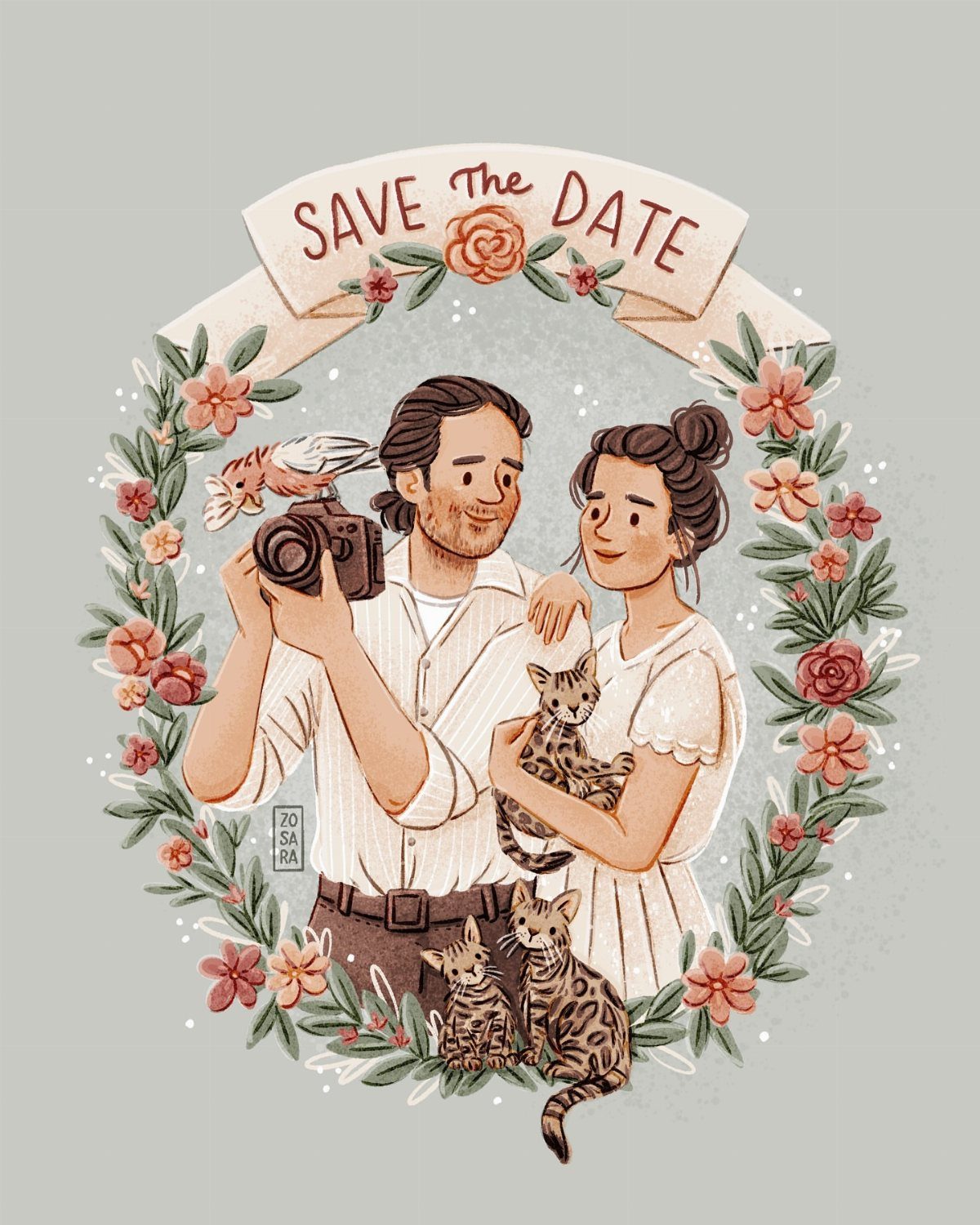 Illustrated couple with cats and a camera framed by a floral wreath banner.