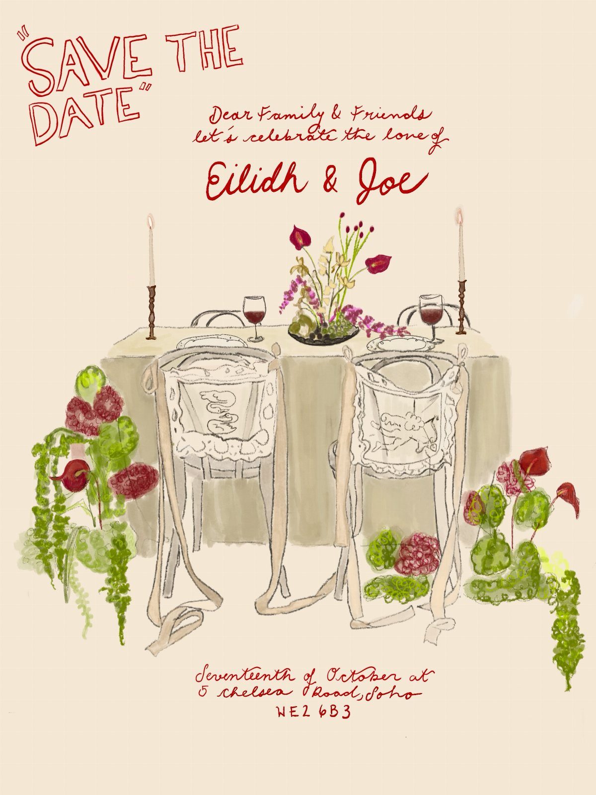 Illustrated save the date card showing a romantic watercolor table setting for two.