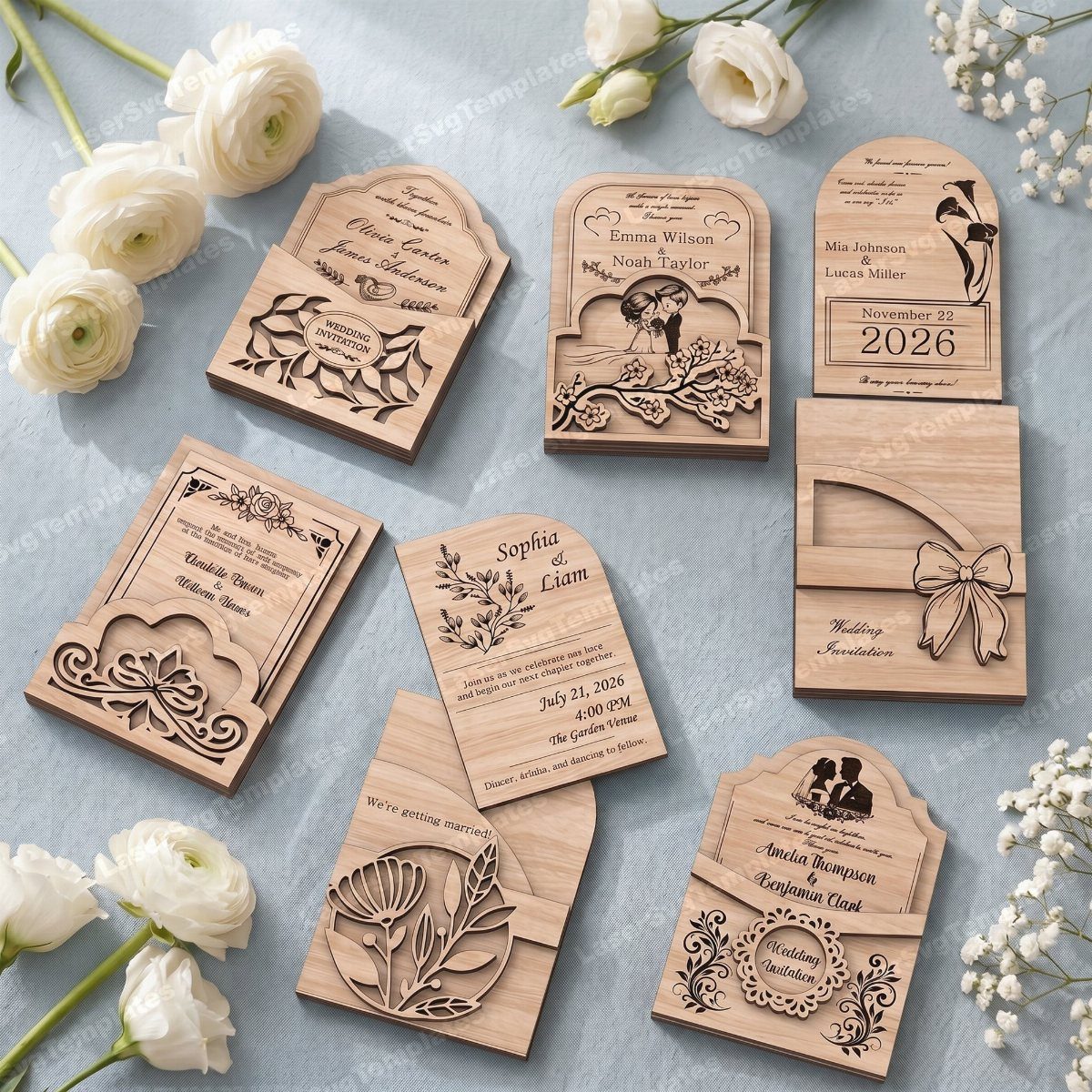 Laser cut wooden wedding invitations with intricate engravings surrounded by white flowers.