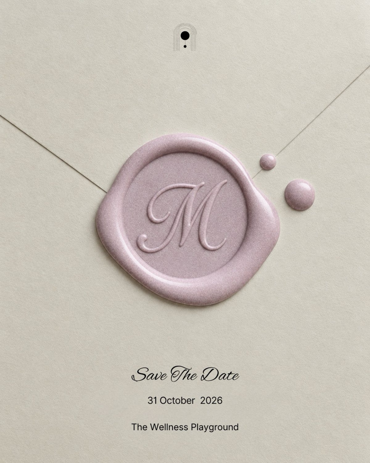 Mauve wax seal with letter M on a grey save the date card