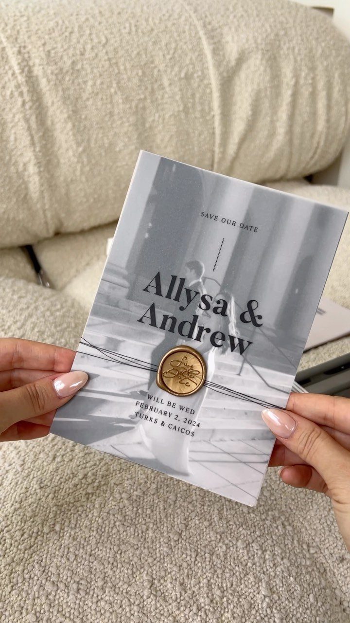 Modern save the date card with black and white photo and gold wax seal