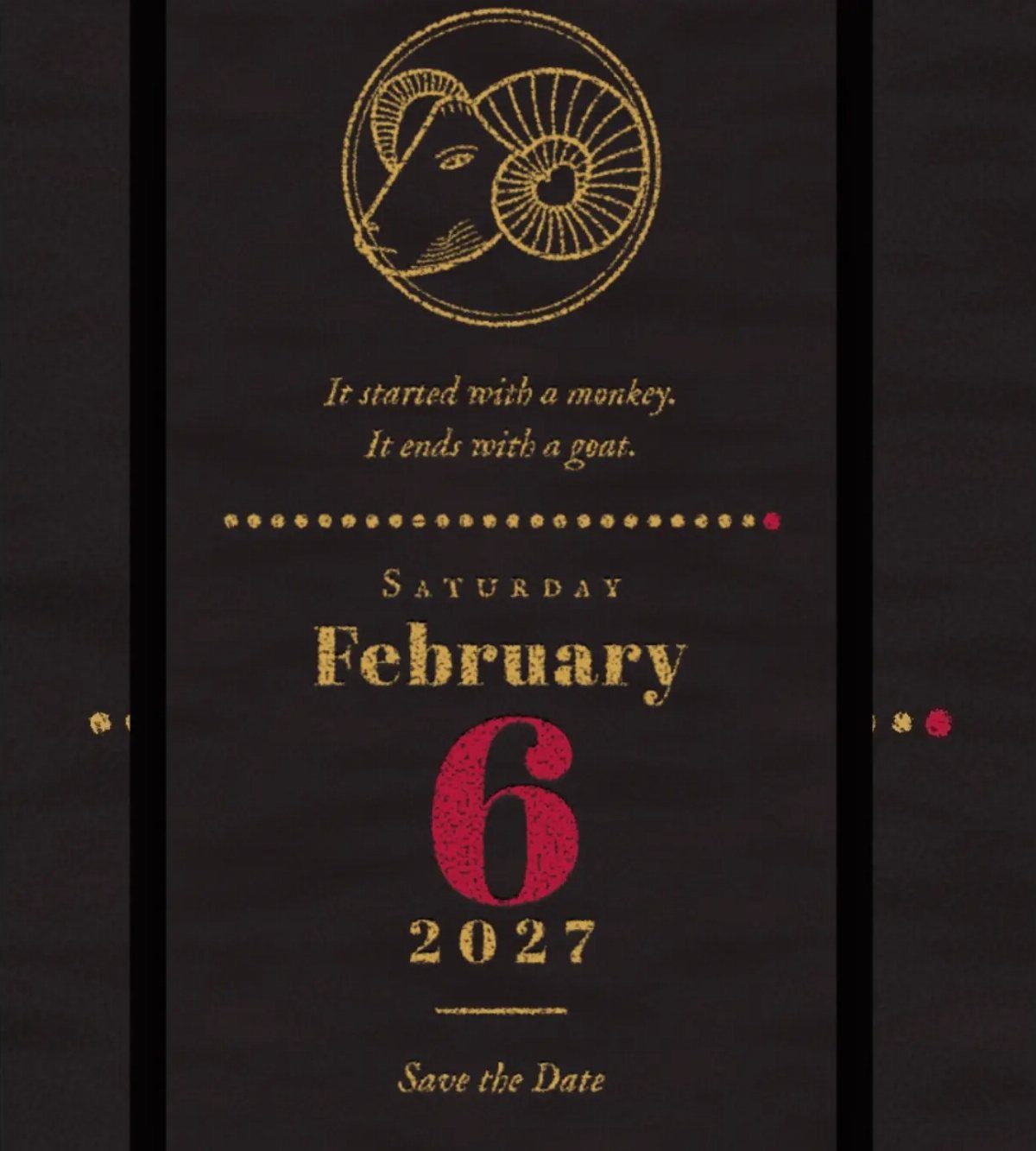 Dark brown save the date card with gold ram illustration and red typography.