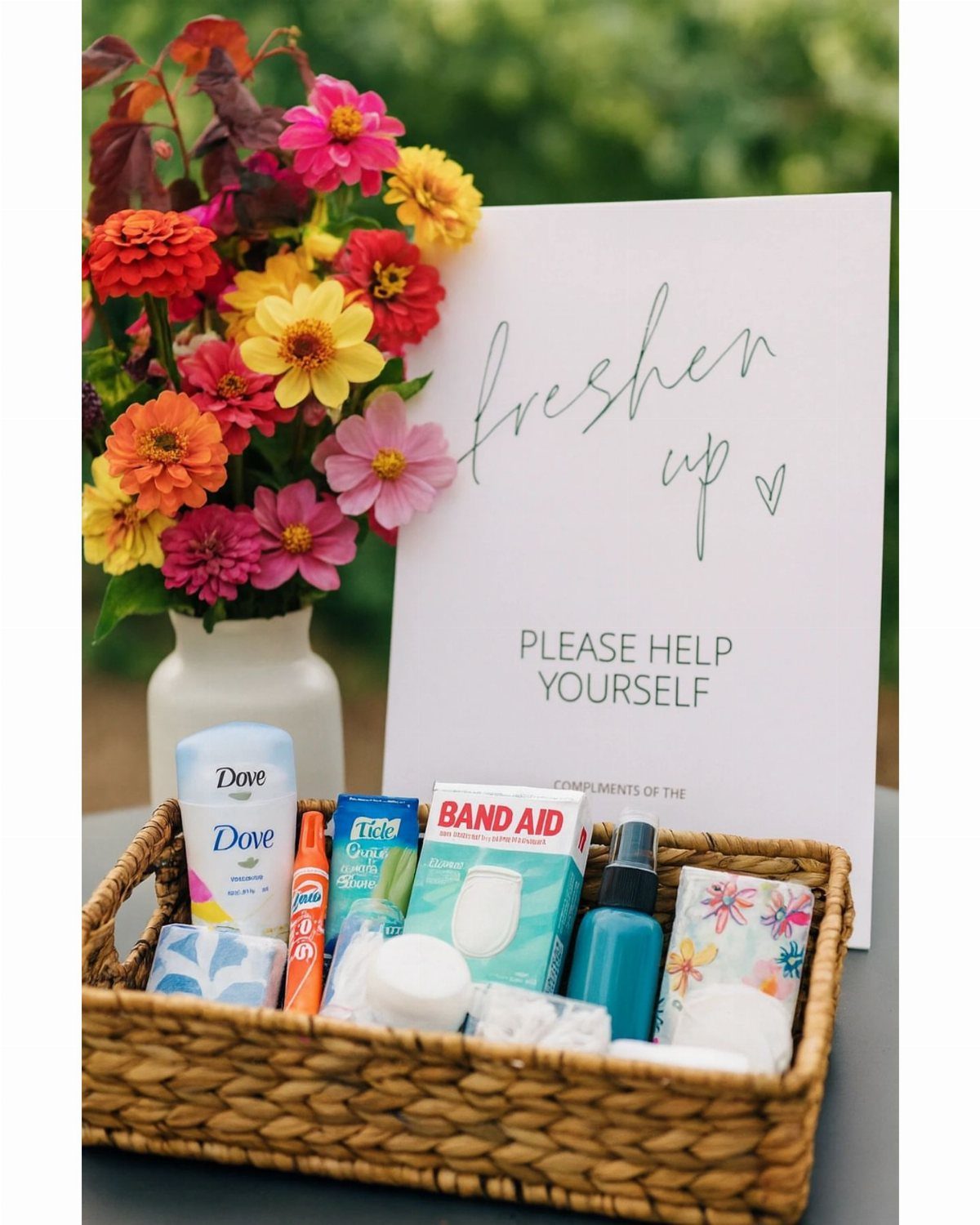 Woven basket of toiletries and a freshen up sign next to colorful flowers.