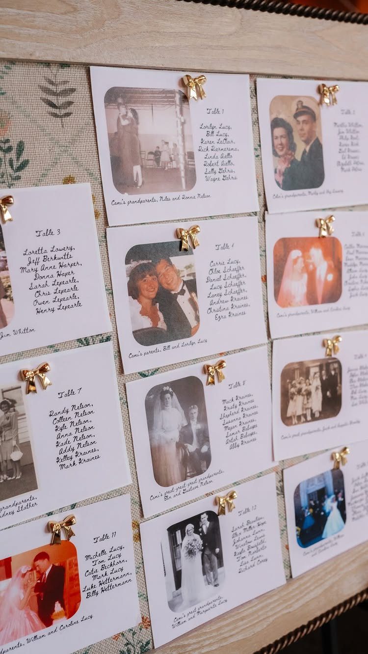 Seating chart cards with vintage photos and guest lists pinned to a board.