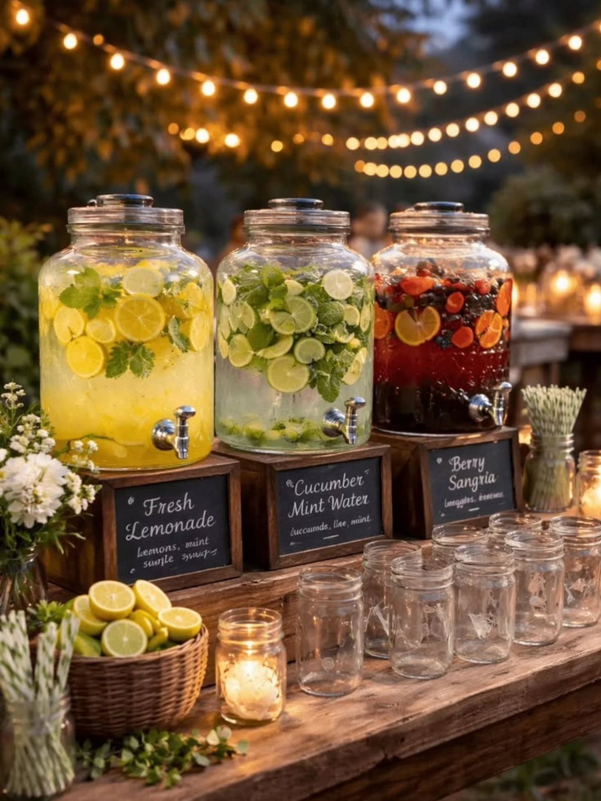 Three glass drink dispensers with lemonade, mint water, and sangria on a wooden table.