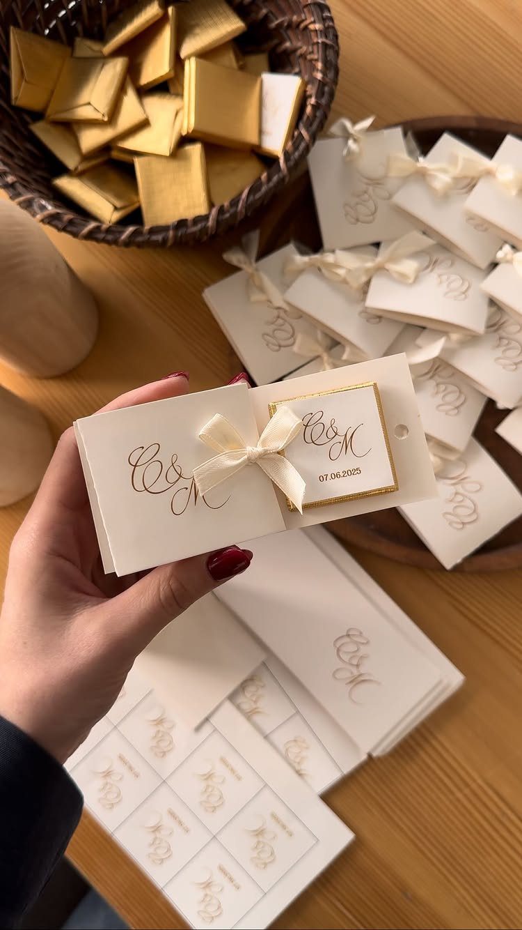 Wedding favor card with gold calligraphy and a small gold-wrapped chocolate candy.