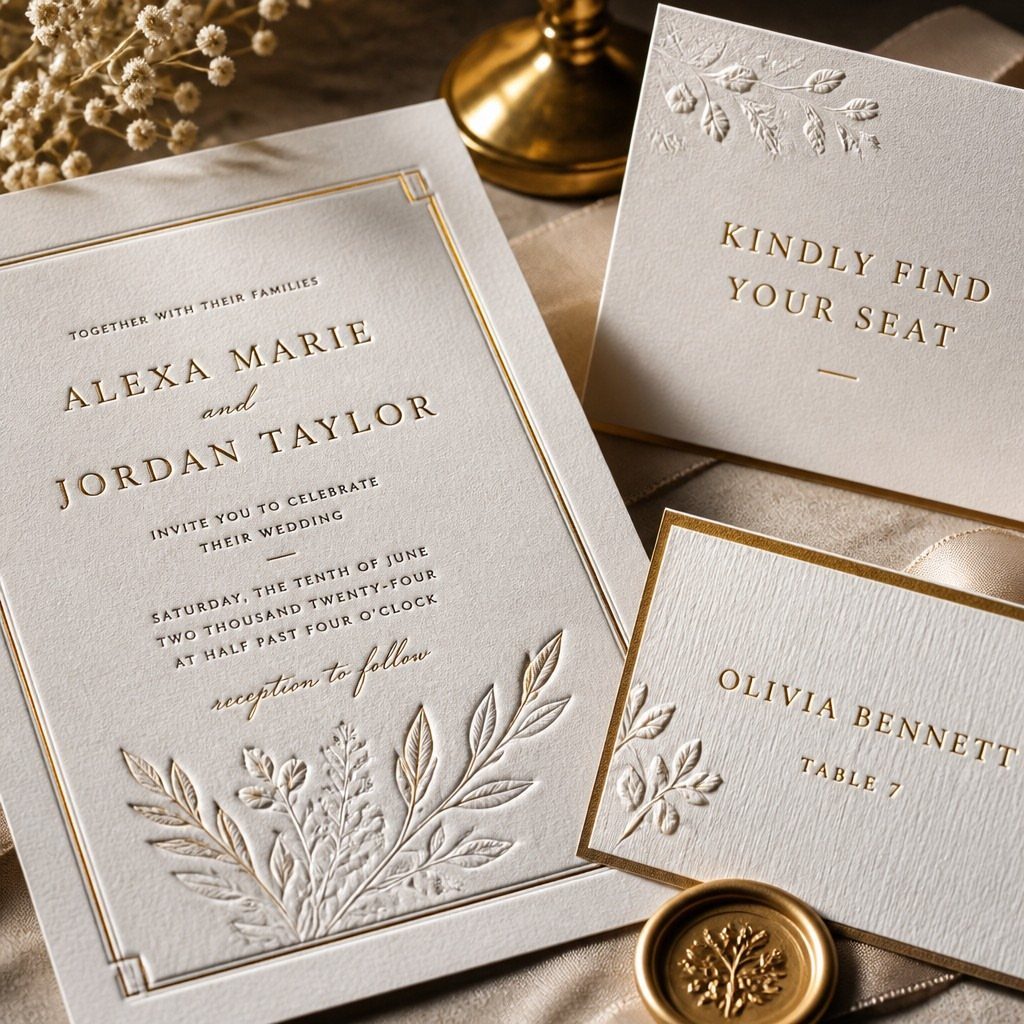 White embossed wedding invitation and place cards with gold borders and botanical details.