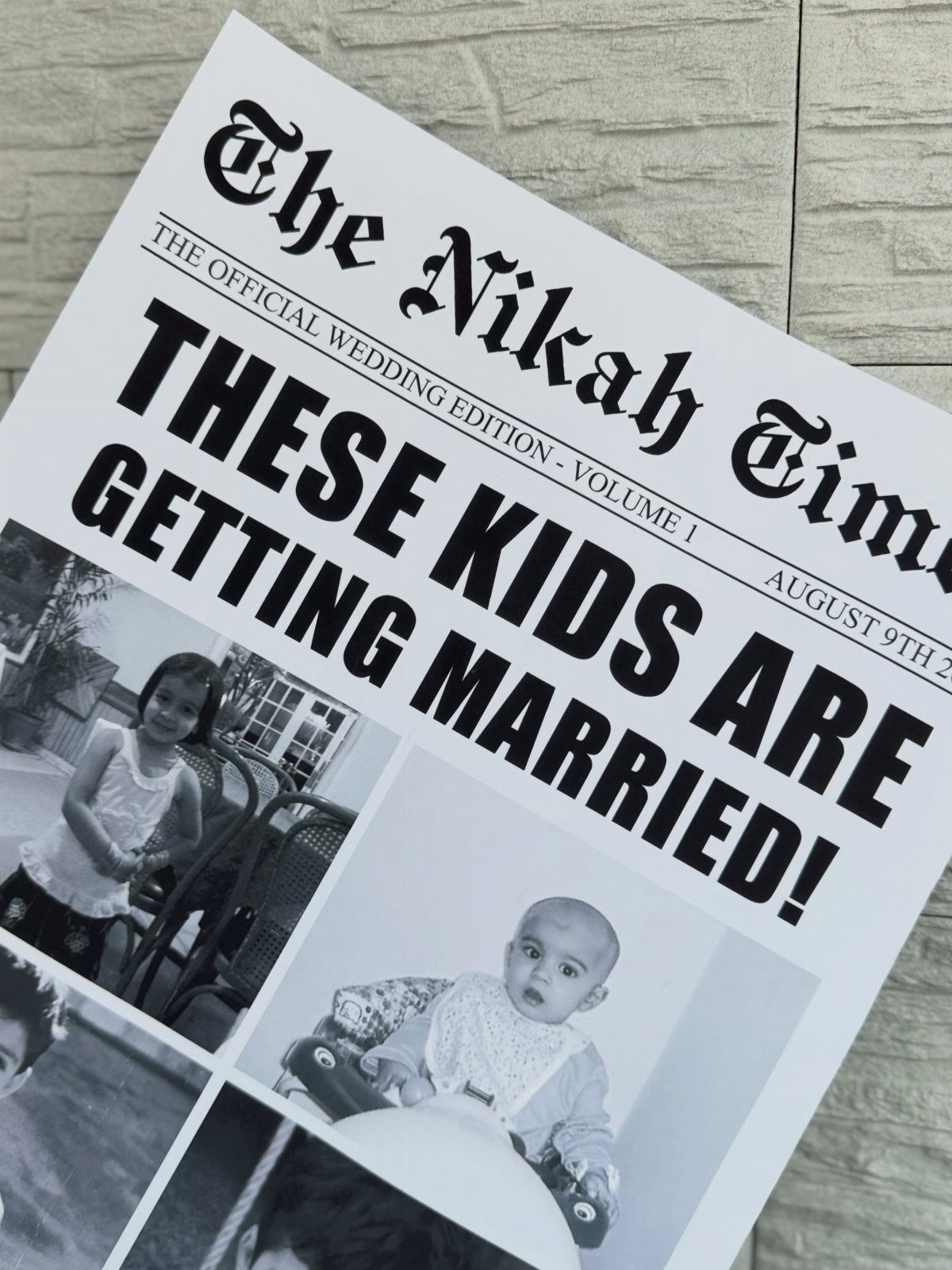 Newspaper style wedding invitation titled The Nikah Times with childhood photos.