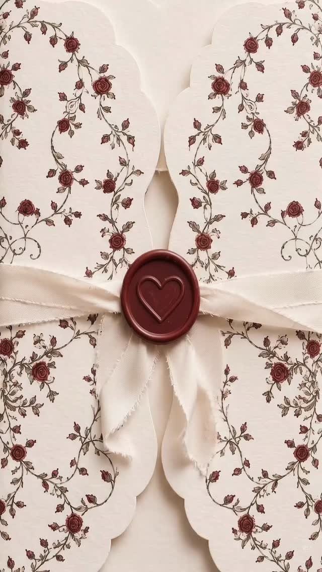 Cream wedding invitation with red rose patterns, white ribbon, and heart wax seal.