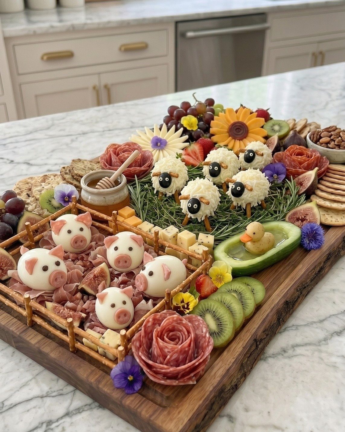 Charcuterie board with animal-shaped eggs, fresh fruits, meats, and honey on marble.
