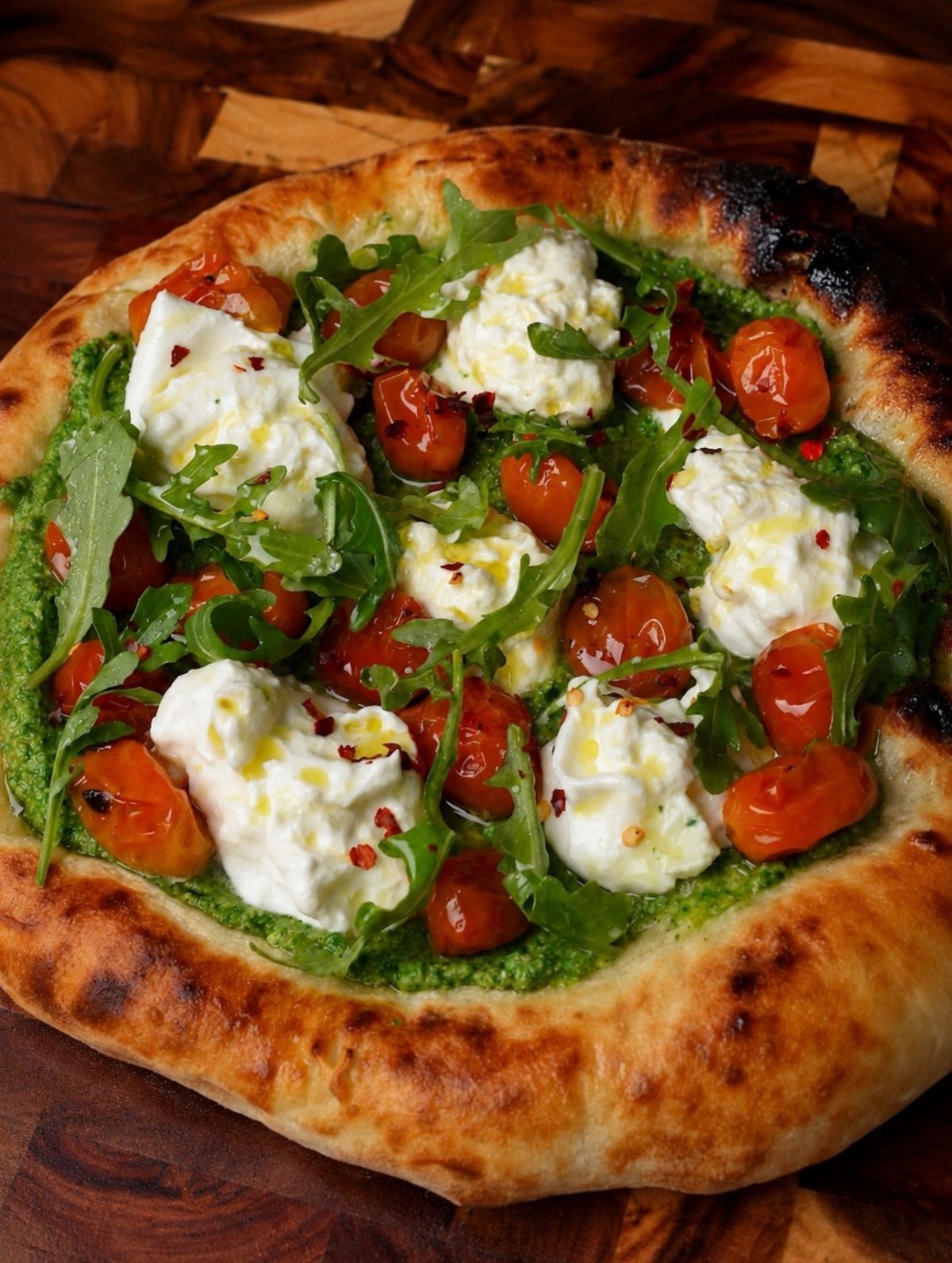 Roasted vegetable pizza with pesto, mozzarella, cherry tomatoes, and arugula on wood.