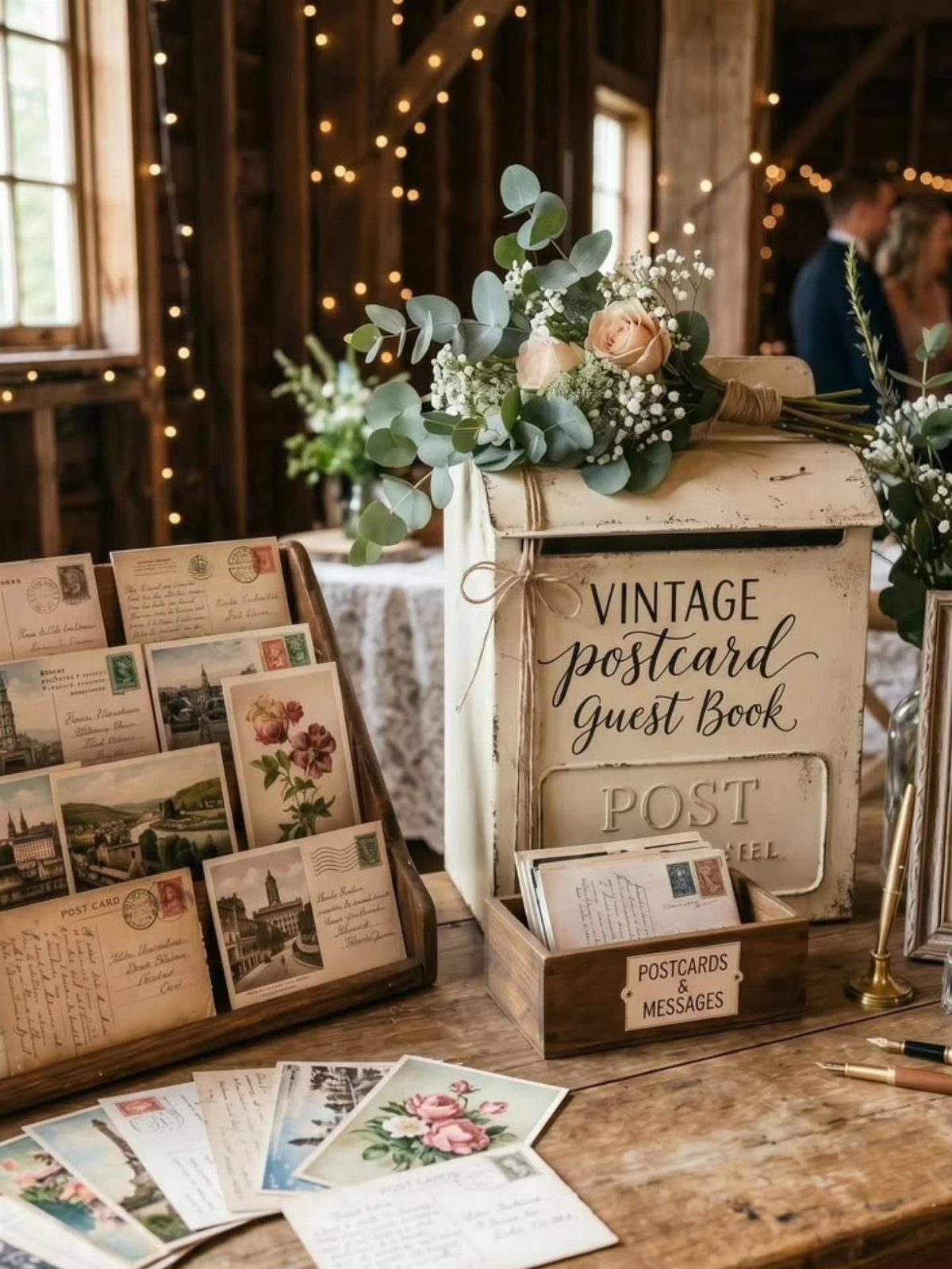 Vintage postcard guest book station with a white mailbox and floral arrangements.