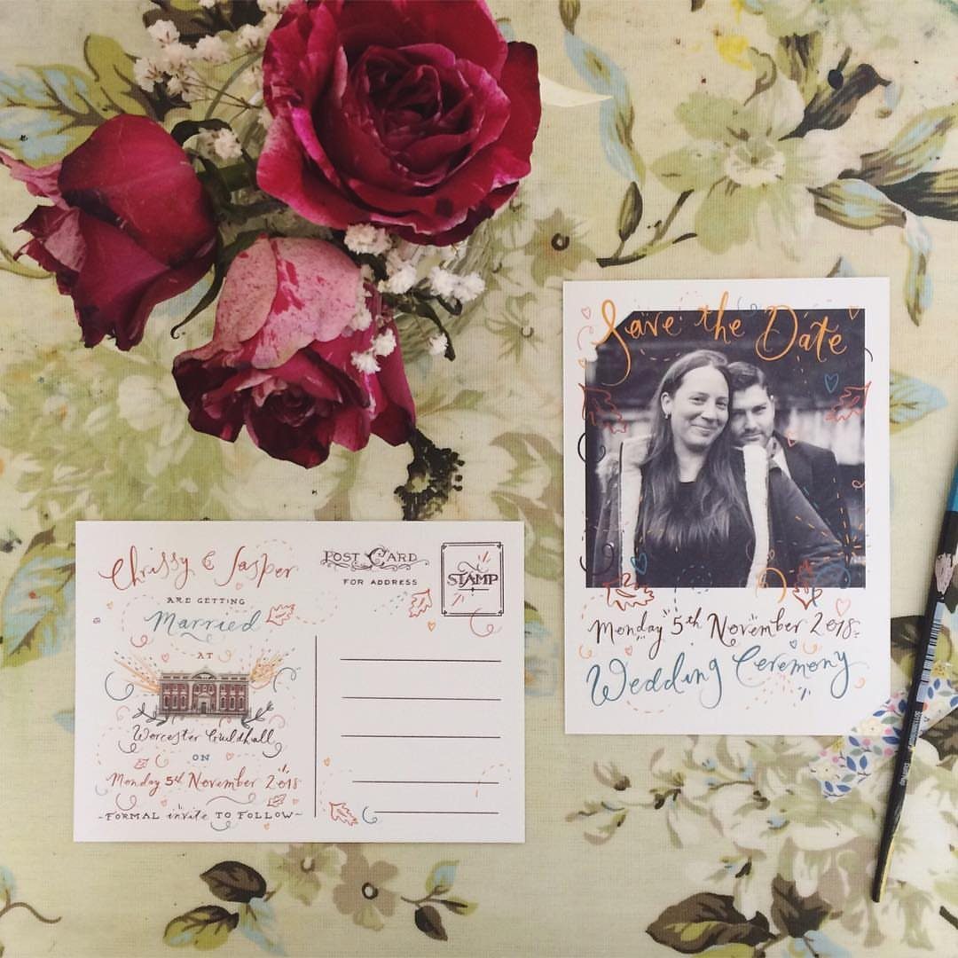Polaroid style save the date card and postcard with red roses on floral background
