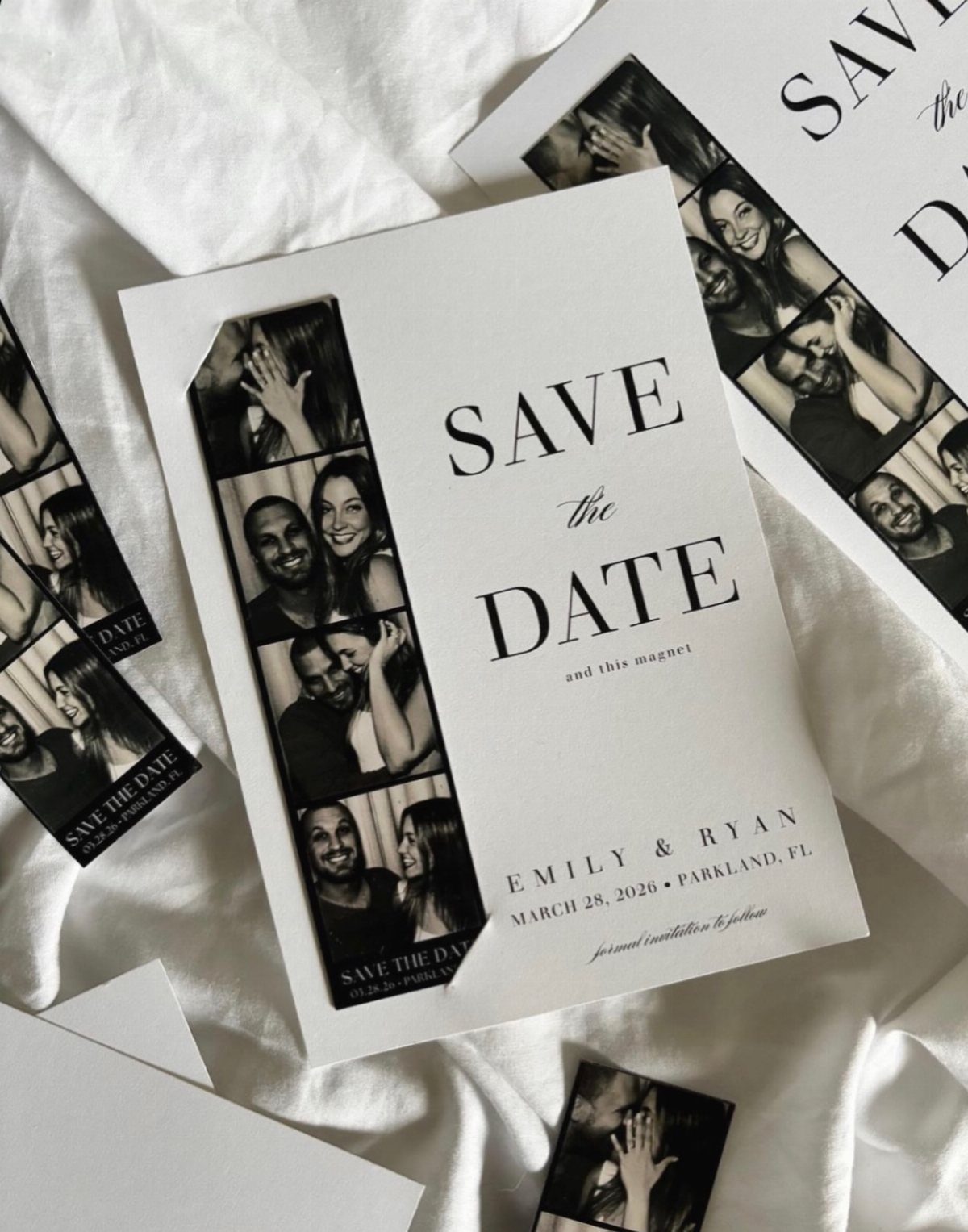Save the date cards with polaroid style photos of a smiling couple.