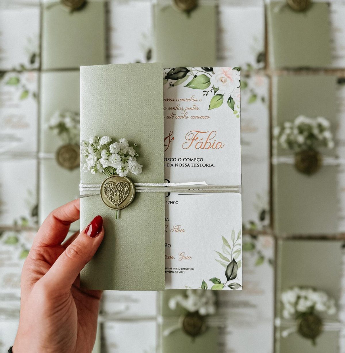 Sage green wedding invitation with floral details, silver ribbon, and gold wax seal.