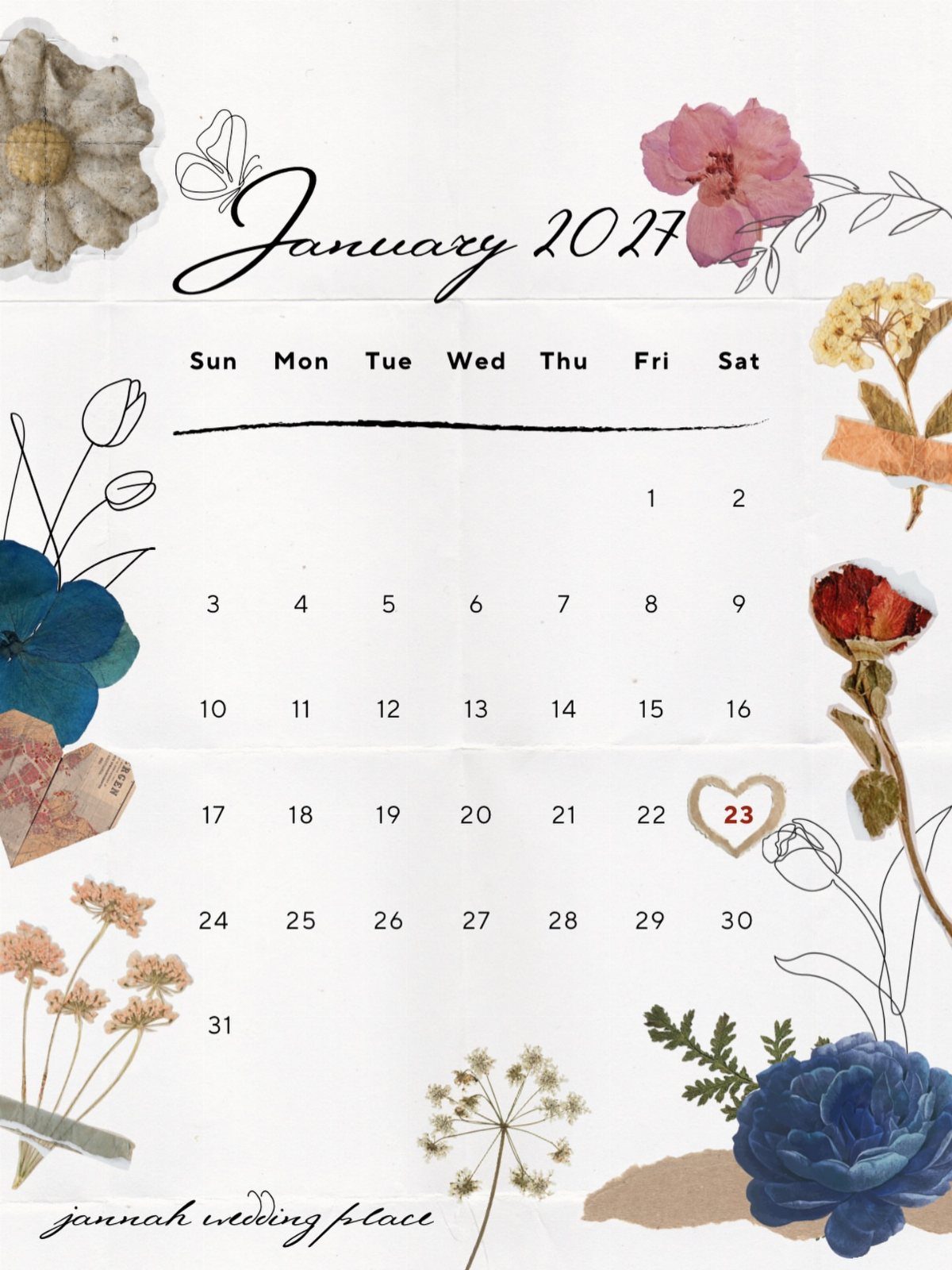 January 2027 calendar page with floral decorations and a heart around the 23rd