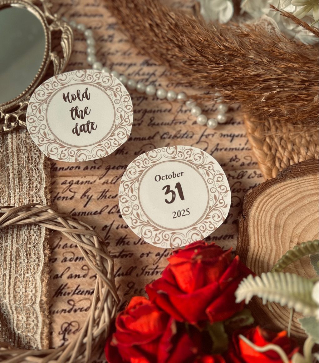 Two circular save the date cards resting on vintage letters with red roses.