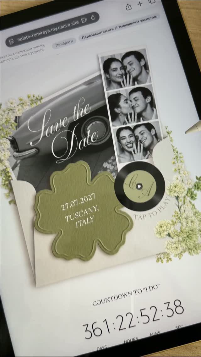 Digital save the date announcement on a tablet with photos and a countdown timer