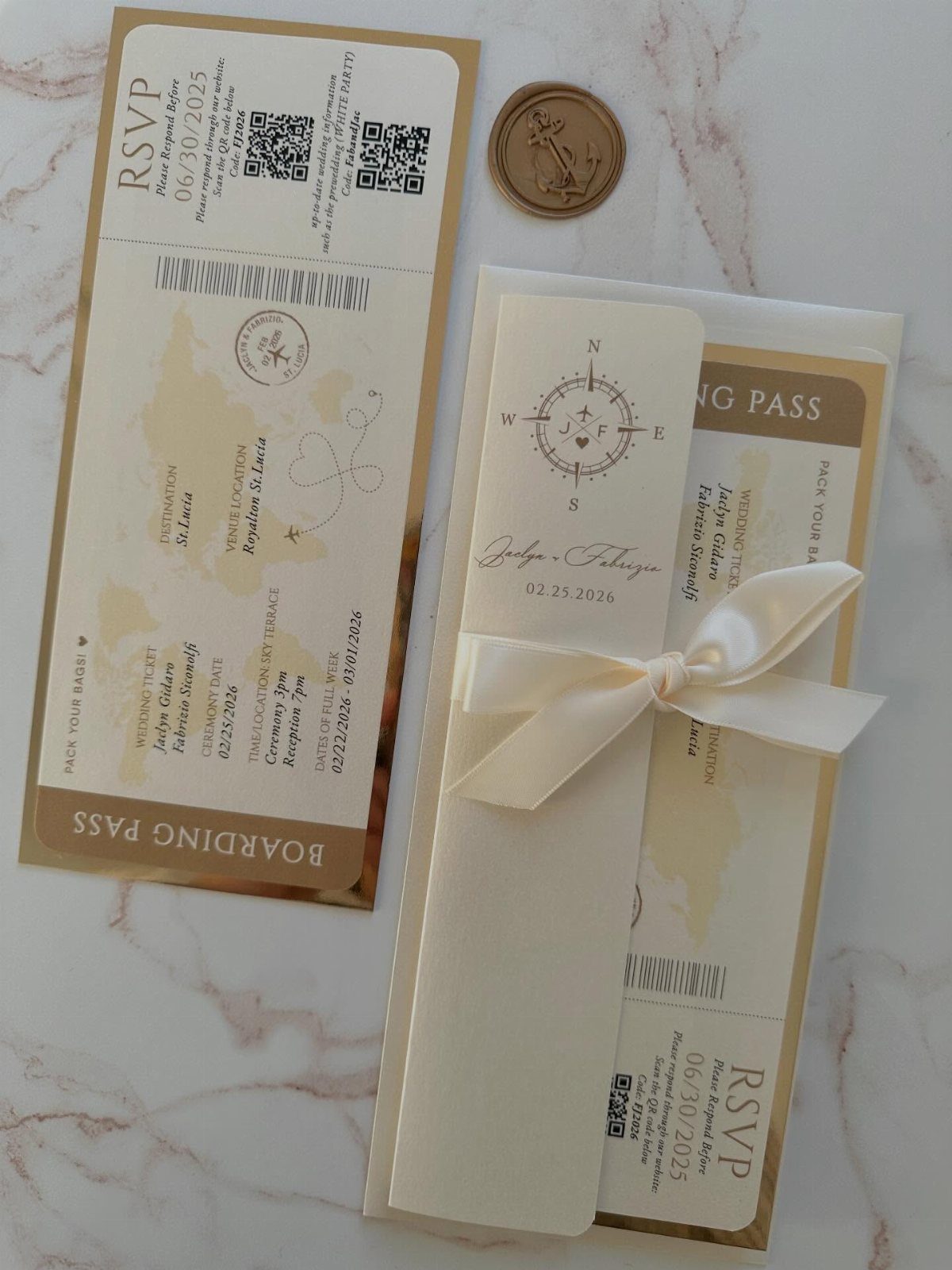 Boarding pass style save the date cards with a white ribbon and wax seal.