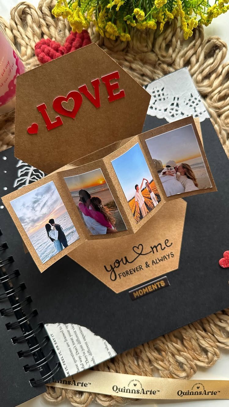 Brown kraft paper flip-book card with couple photos and romantic text on a notebook.