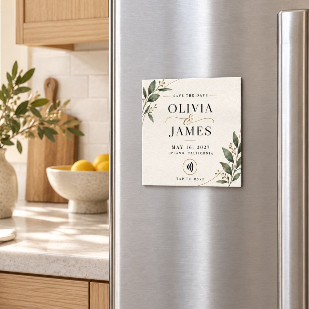 Square save the date magnet with botanical greenery on a stainless steel refrigerator
