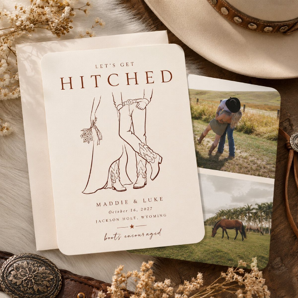 Wedding announcement card with line art and photos on a rustic wooden background