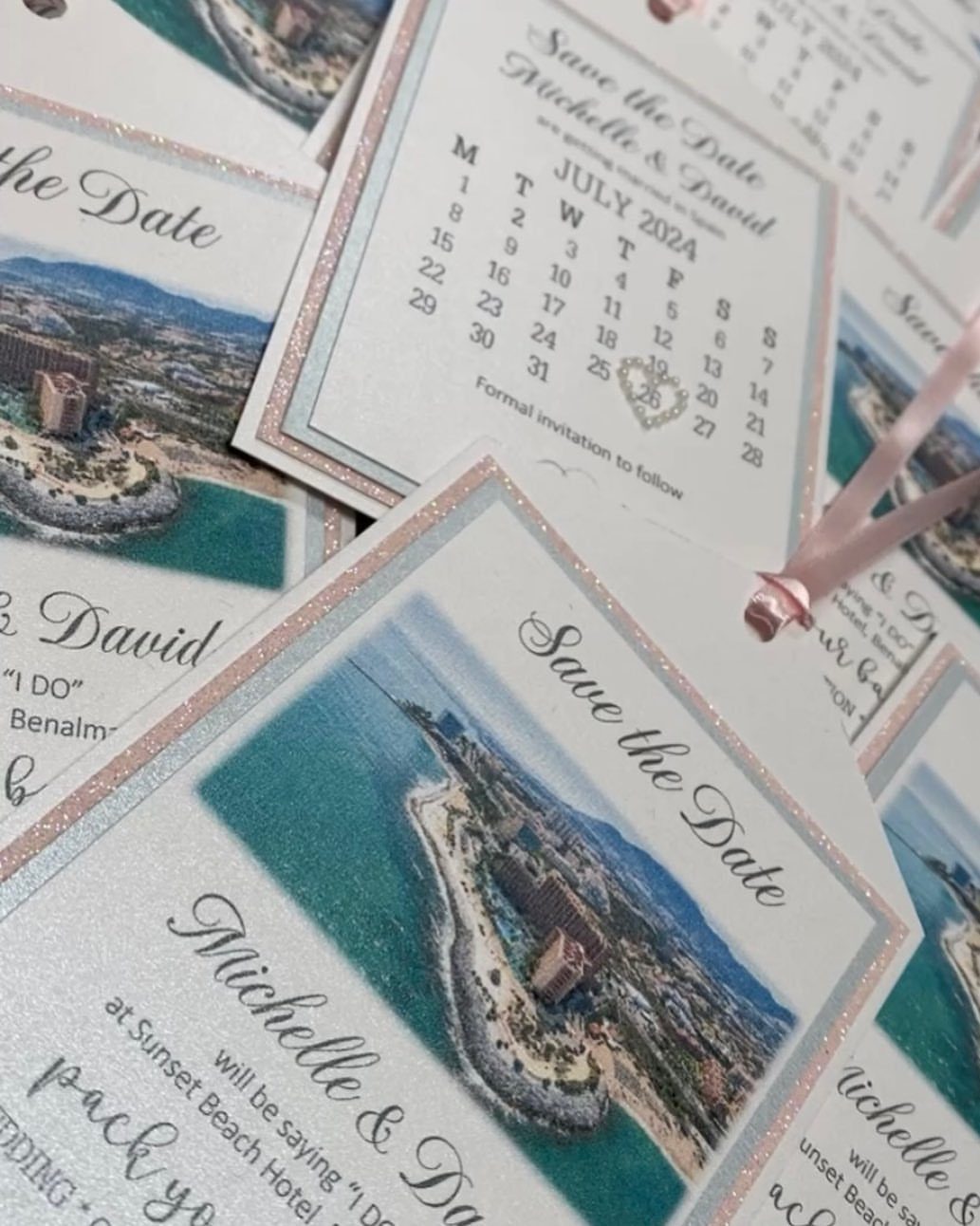 Save the date cards featuring a coastal photo and a July 2024 calendar.