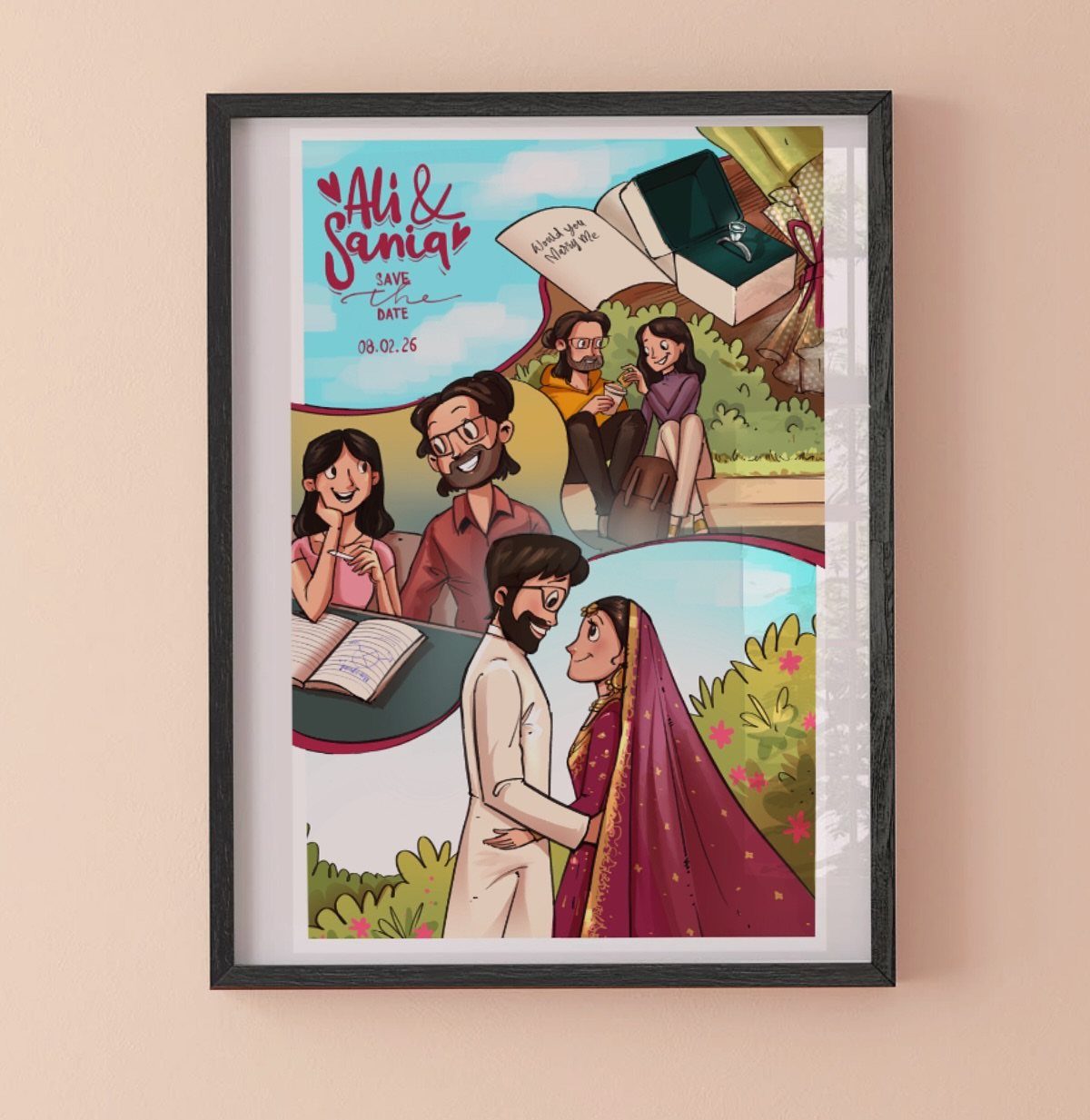 Framed comic strip illustration of a couple's love story for a save the date.