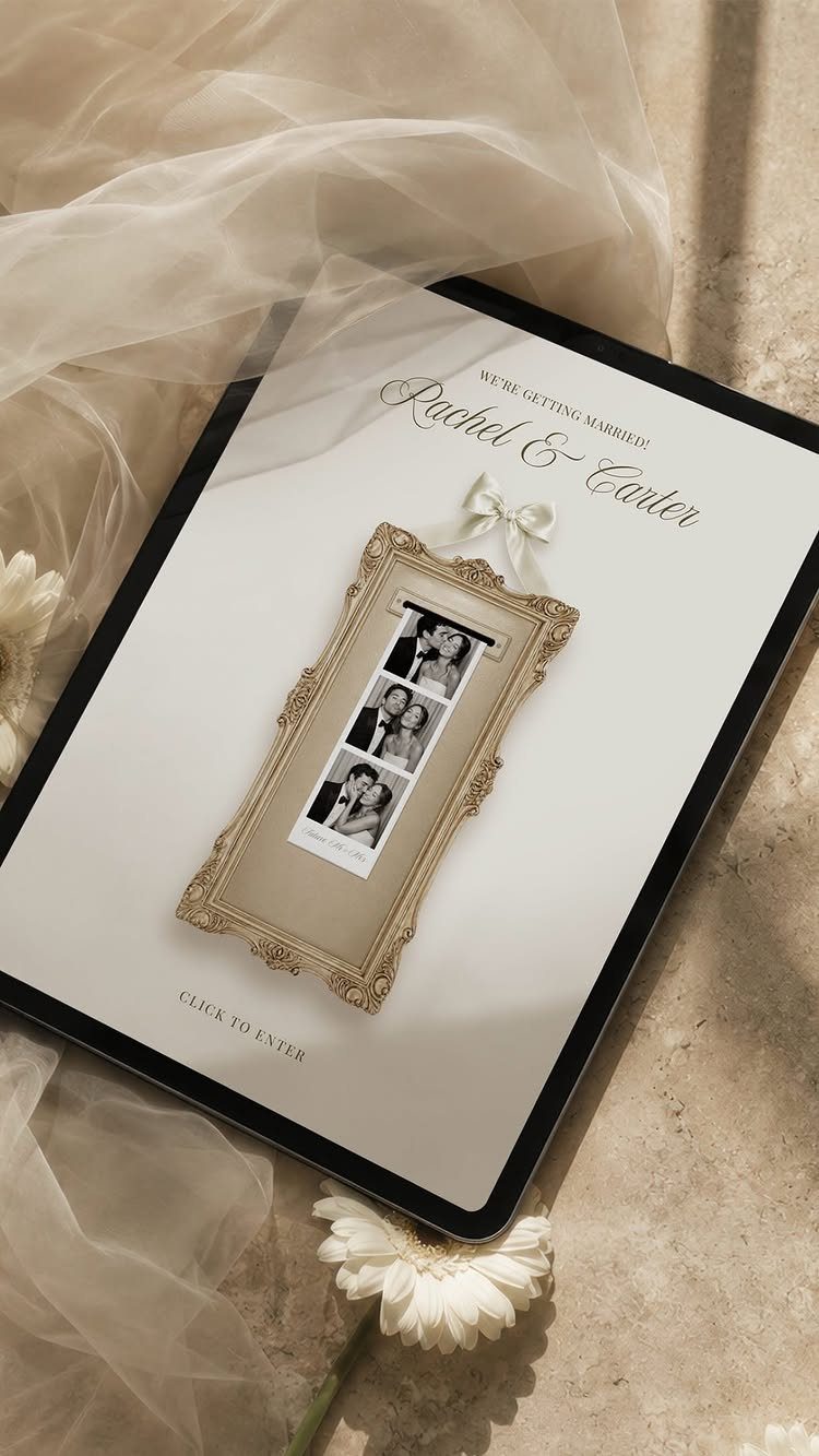 Digital save the date on a tablet with a gold frame and photos.