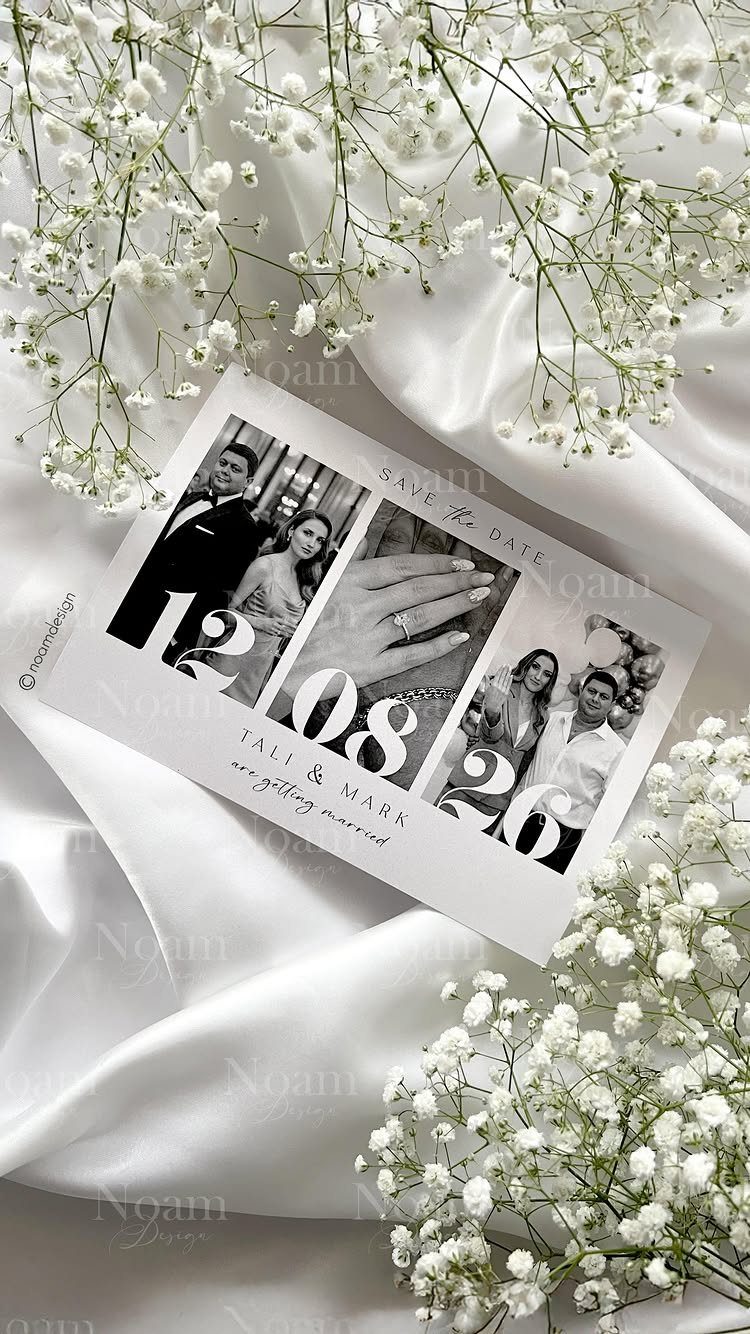 Save the date card with black and white photos on white satin and flowers