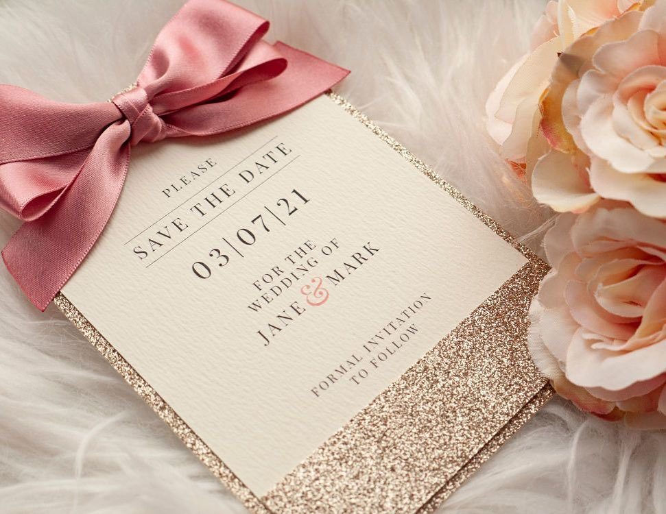 Save the date card with pink bow and gold glitter on white fur.