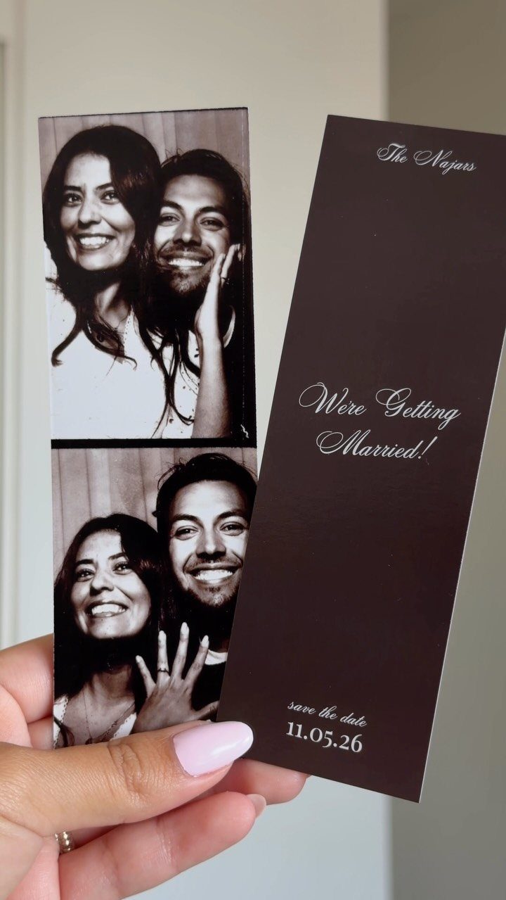 Two bookmark-style save the date cards featuring a couple's photos and wedding details.