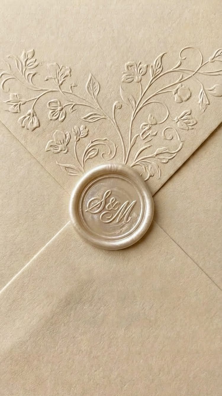 Cream textured envelope with embossed floral patterns and a wax seal stamped S&M.
