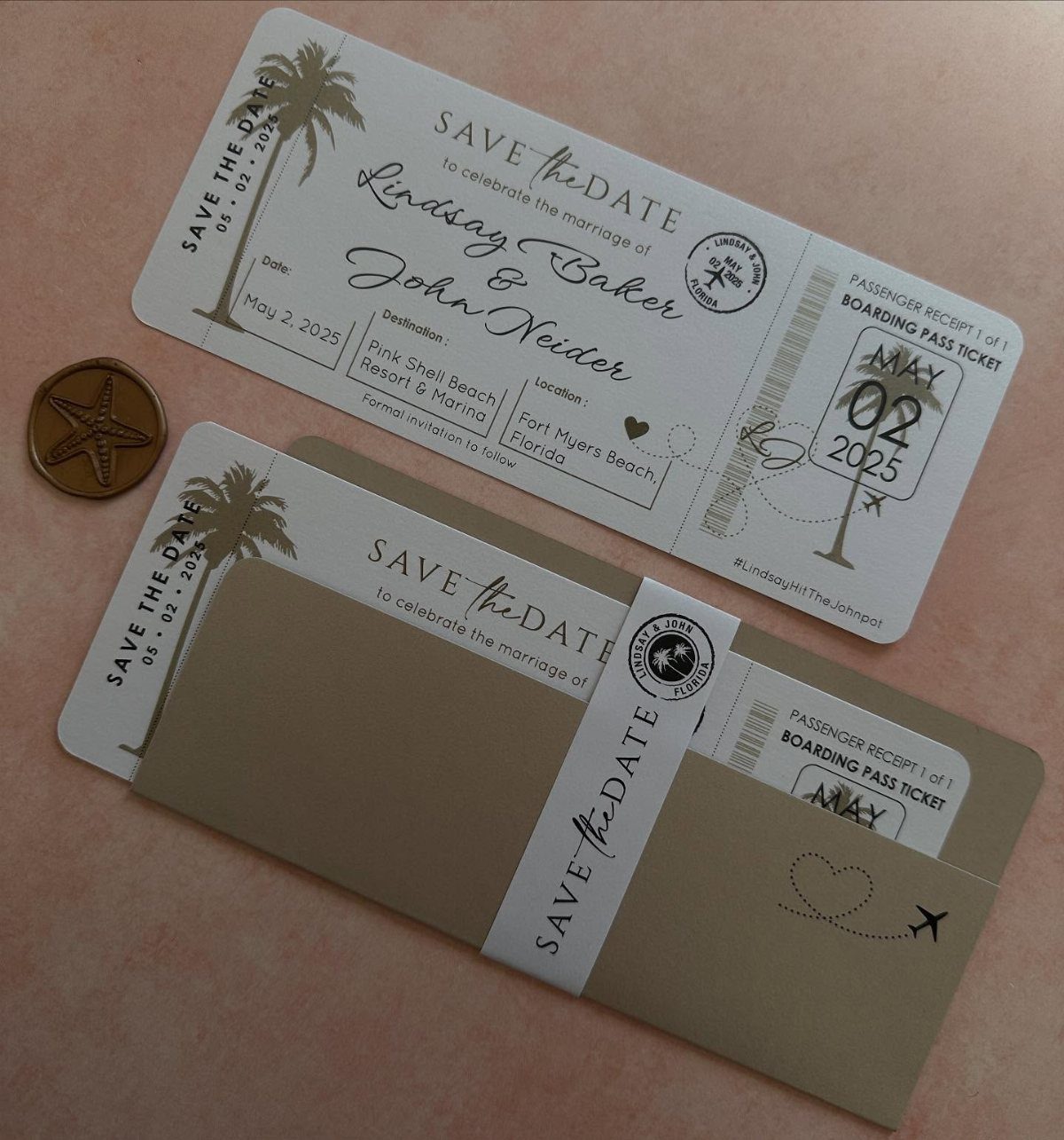 Boarding pass style save the date cards with palm trees and a gold starfish.