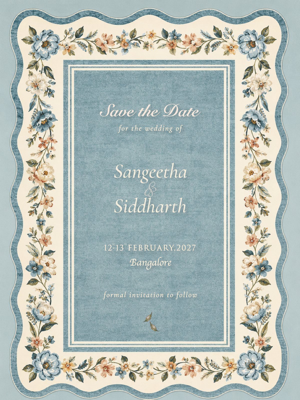 Save the date card featuring a blue center and floral botanical border illustrations.