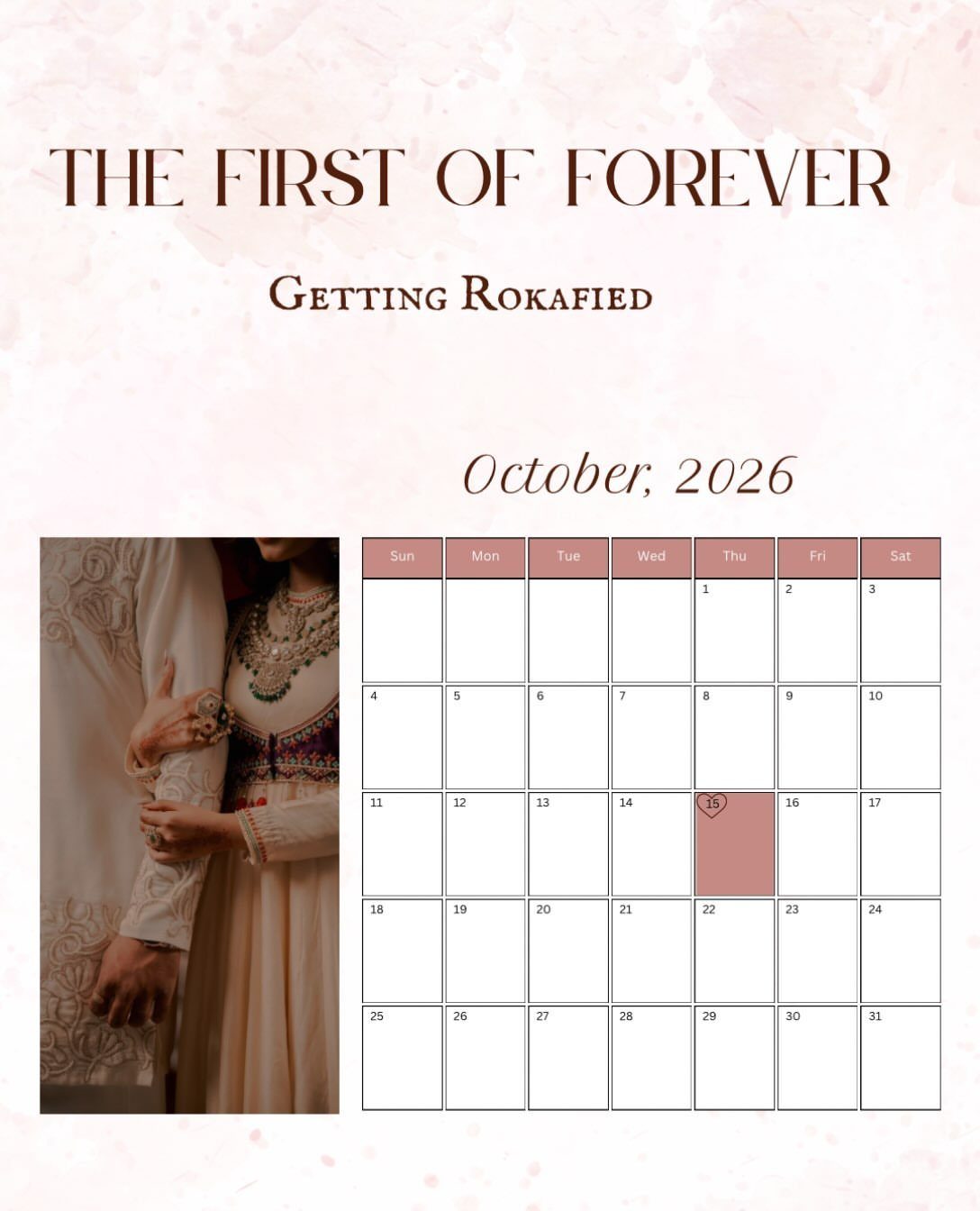 Save the date card featuring a couple's photo and an October 2026 calendar.
