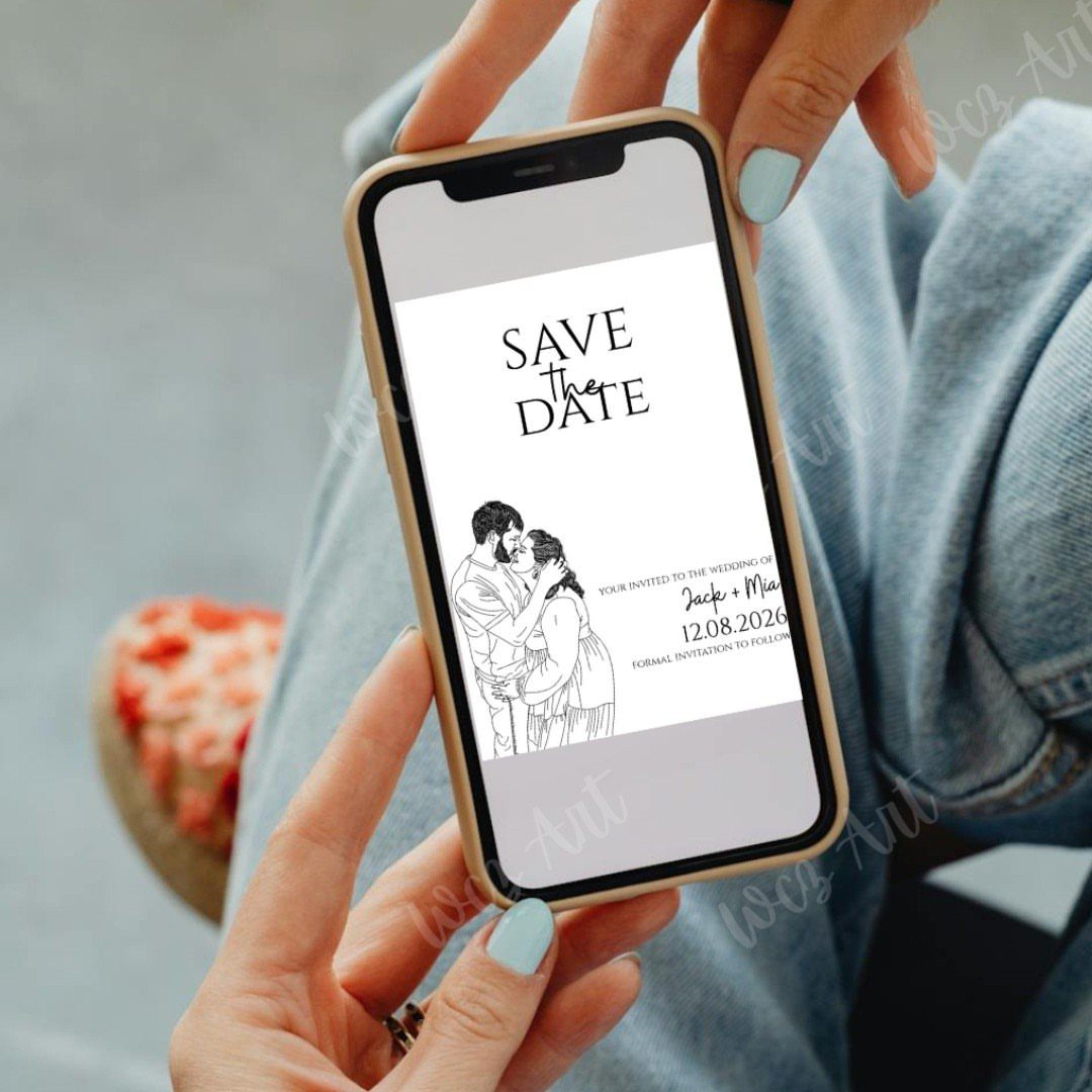 Smartphone screen displaying a save the date invitation with a custom couple illustration.