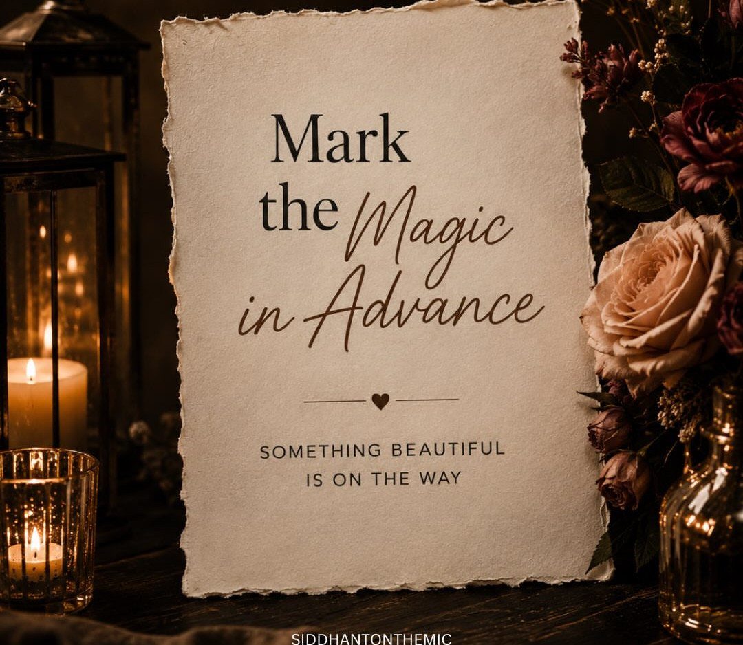 Save the date card with elegant script surrounded by roses and lit candles.