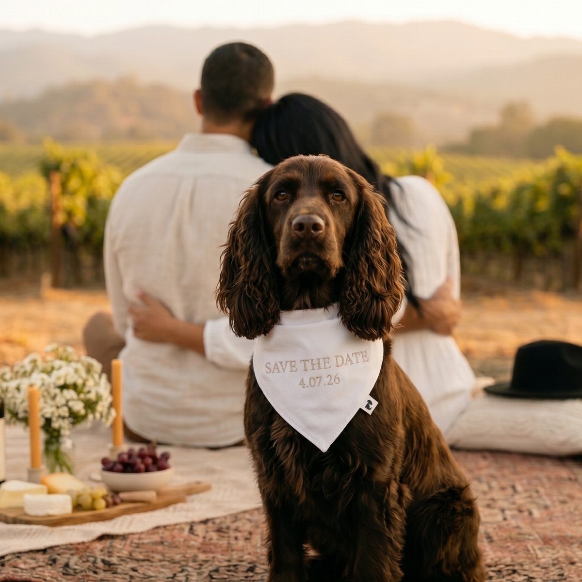 Brown spaniel wearing a save the date bandana with a couple in a vineyard