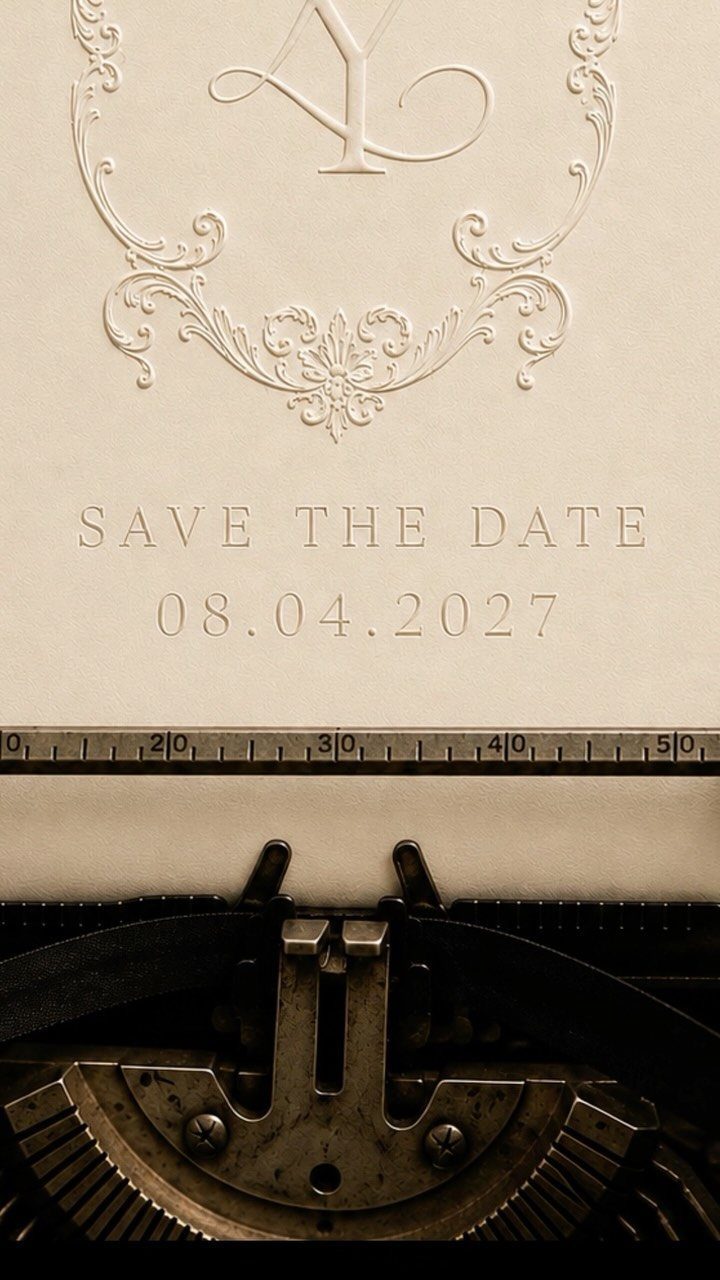 Save the date card with embossed details resting in a vintage metal typewriter